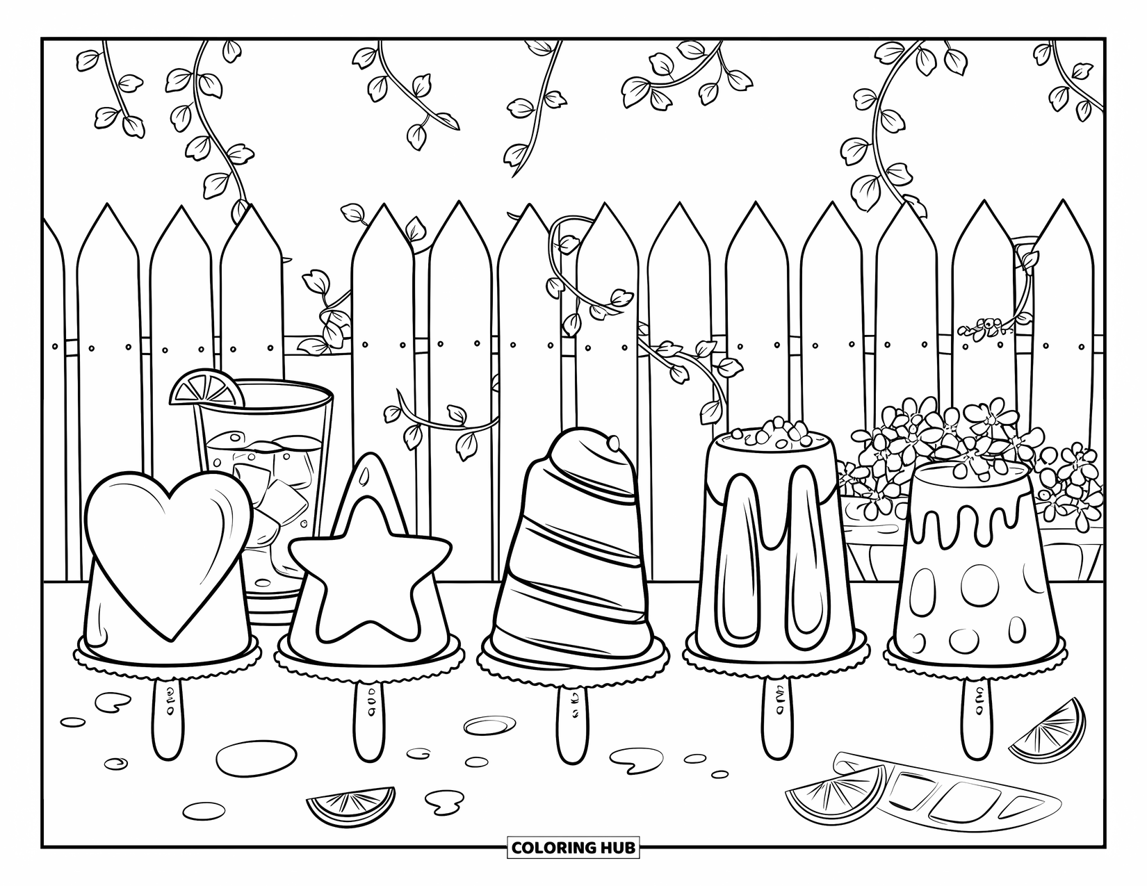 Summer Ice Cream Coloring Page for Kids: Five fun popsicles sit on a table under the warm summer sun