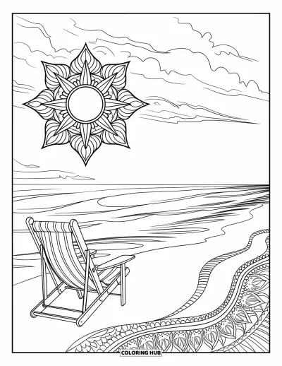 Coloriage de vacances d'été pour adultes : Une chaise de plage face à l'océan sous un soleil en mandala richement détaillé