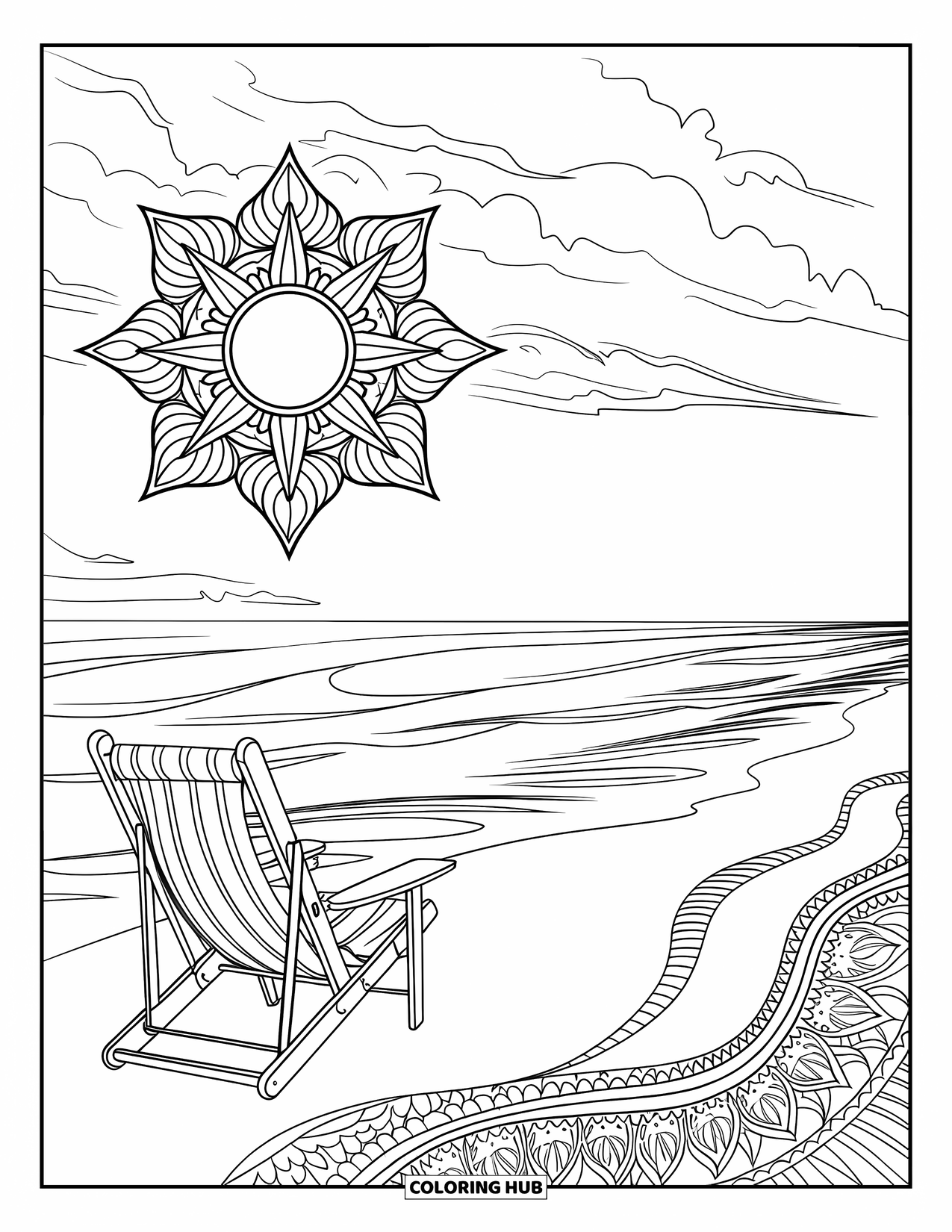 Summer Vacation Coloring Page for Adults: A beach chair faces the ocean beneath an intricate mandala sun