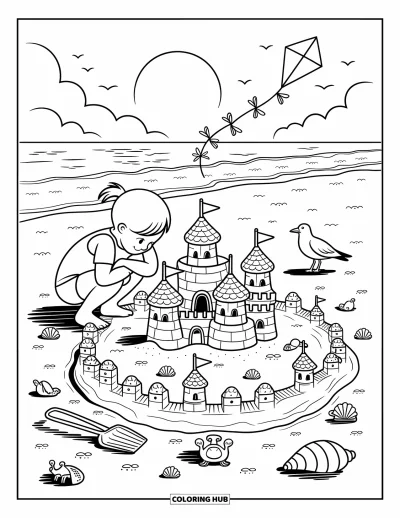 Coloriage de vacances d'été pour adultes : Une scène de plage avec un enfant, un château de sable, des coquillages et un cerf-volant qui s'envole