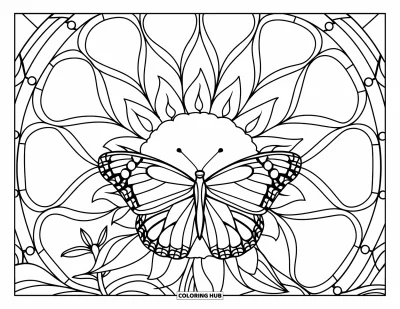 Coloriage de vacances d'été pour adultes : Un papillon posé sur un tournesol encadré de motifs en vitrail