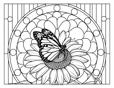 Coloriage de vacances d'été pour adultes : Un papillon déploie ses ailes sur un tournesol en fleur