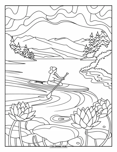 Coloriage de vacances d'été pour adultes : Un lac serein avec un pratiquant de paddle et des fleurs de lotus en bloom