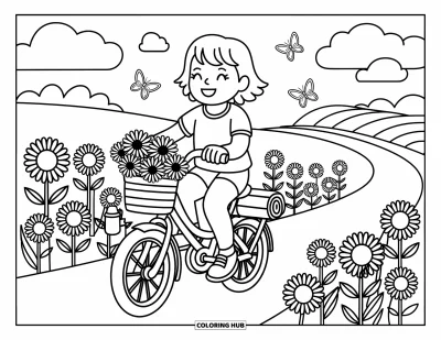 Coloriage de vacances d'été pour adultes : Une balade à vélo insouciante parmi de grands tournesols sous des nuages duveteux