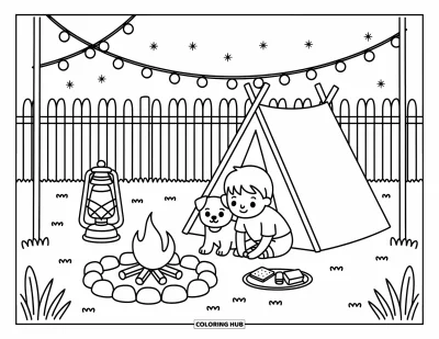 Coloriage de vacances d'été pour adultes : Un enfant et un chien campent près d'une tente lumineuse sous des guirlandes et des étoiles