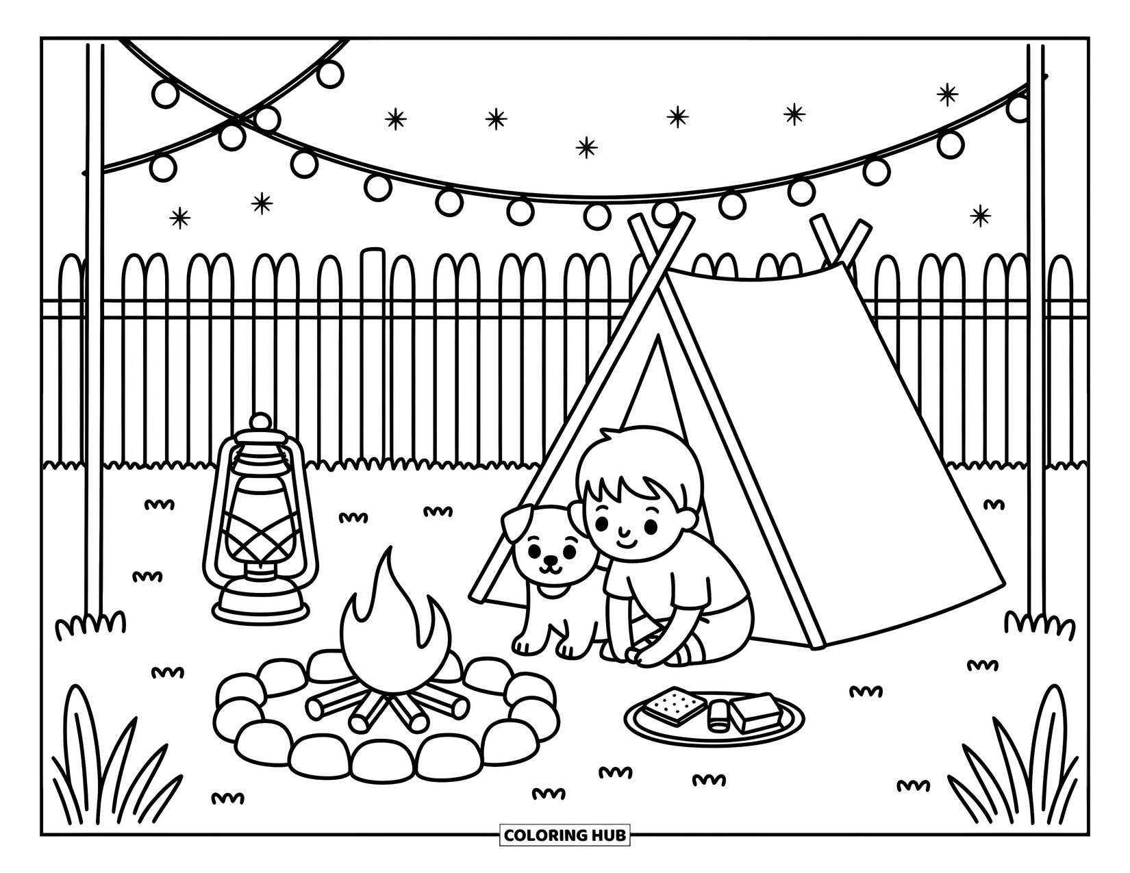 Summer Vacation Coloring Page for Adults: A child and dog camp beside a glowing tent under string lights and stars