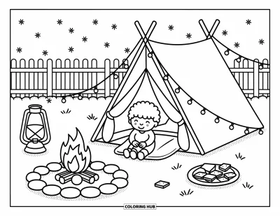 Coloriage de vacances d'été pour adultes : Un enfant et son chiot près d'un feu de camp partagent des guimauves sous des lumières scintillantes