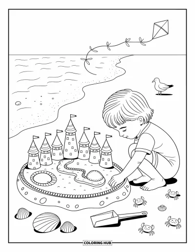 Coloriage de vacances d'été pour adultes : Un enfant construit un château de sable avec des coquillages, des crabes et un cerf-volant dans les airs