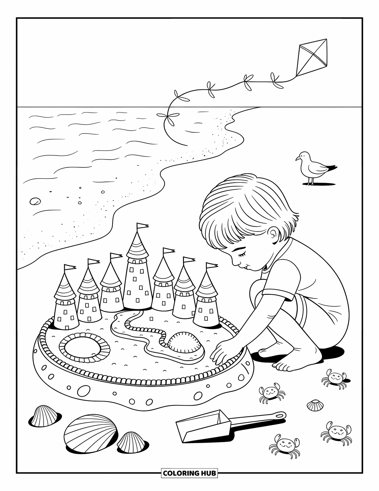 Summer Vacation Coloring Page for Adults: A child builds a sandcastle with shells, crabs, and a flying kite above