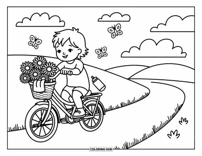 Coloriage de vacances d'été pour adultes : Un enfant pédale sur un chemin ensoleillé bordé de marguerites et de douces collines