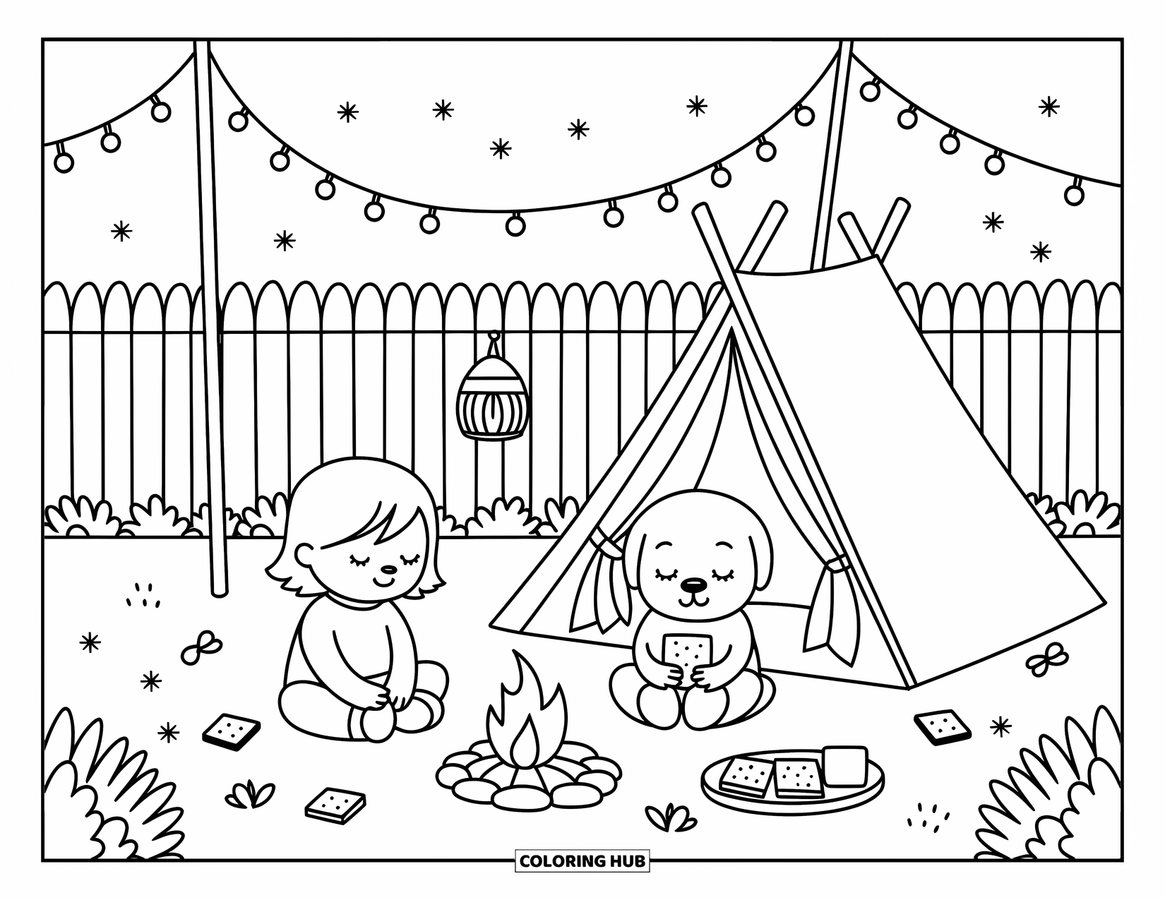 Summer Vacation Coloring Page for Adults: A cozy backyard campout with a child, dog, fire, and glowing lantern