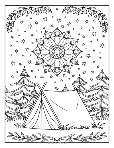 Coloriage de vacances d'été pour adultes : Une tente chaleureuse brille sous un ciel en mandala étoilé dans la forêt