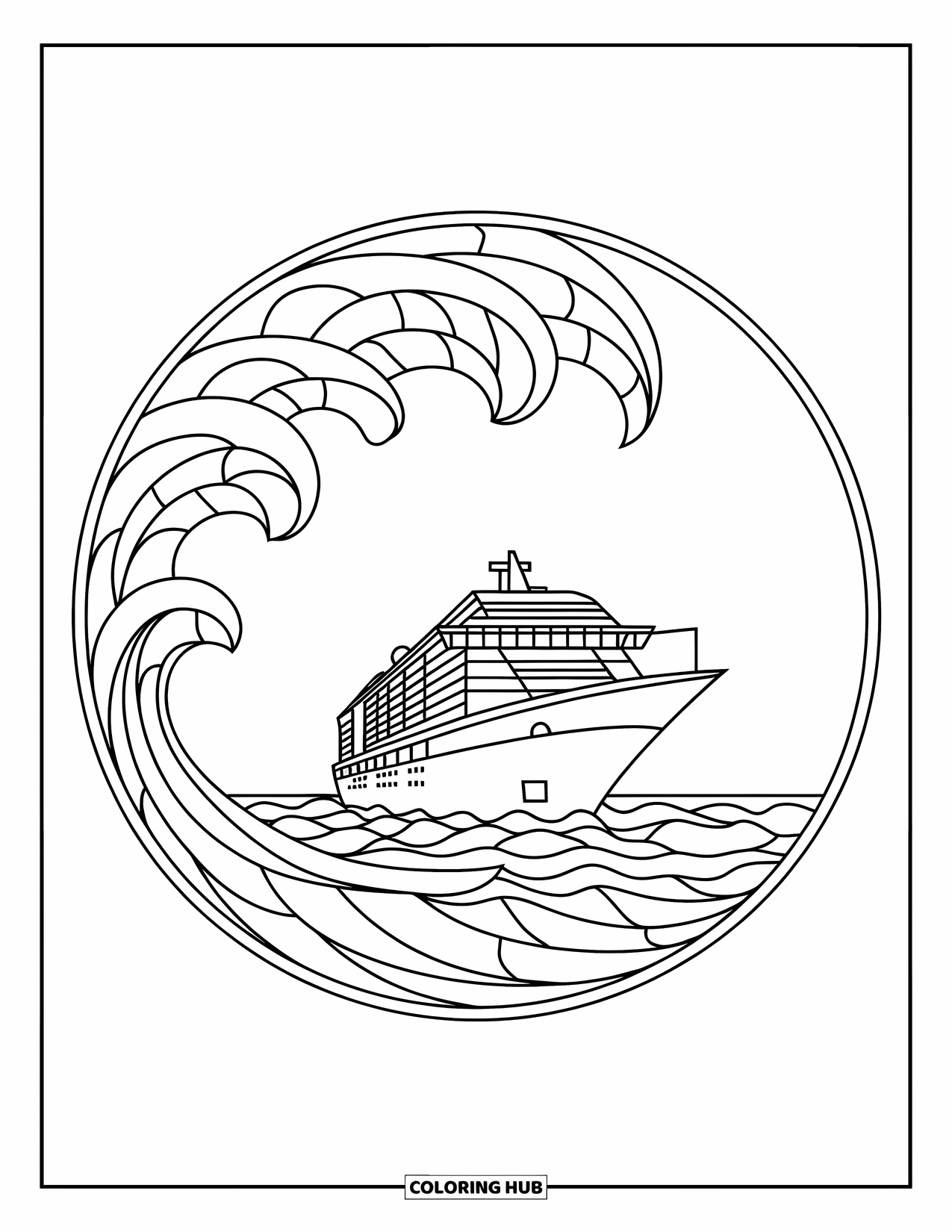 Summer Vacation Coloring Page for Adults: A cruise ship glides through calm seas framed by stained glass