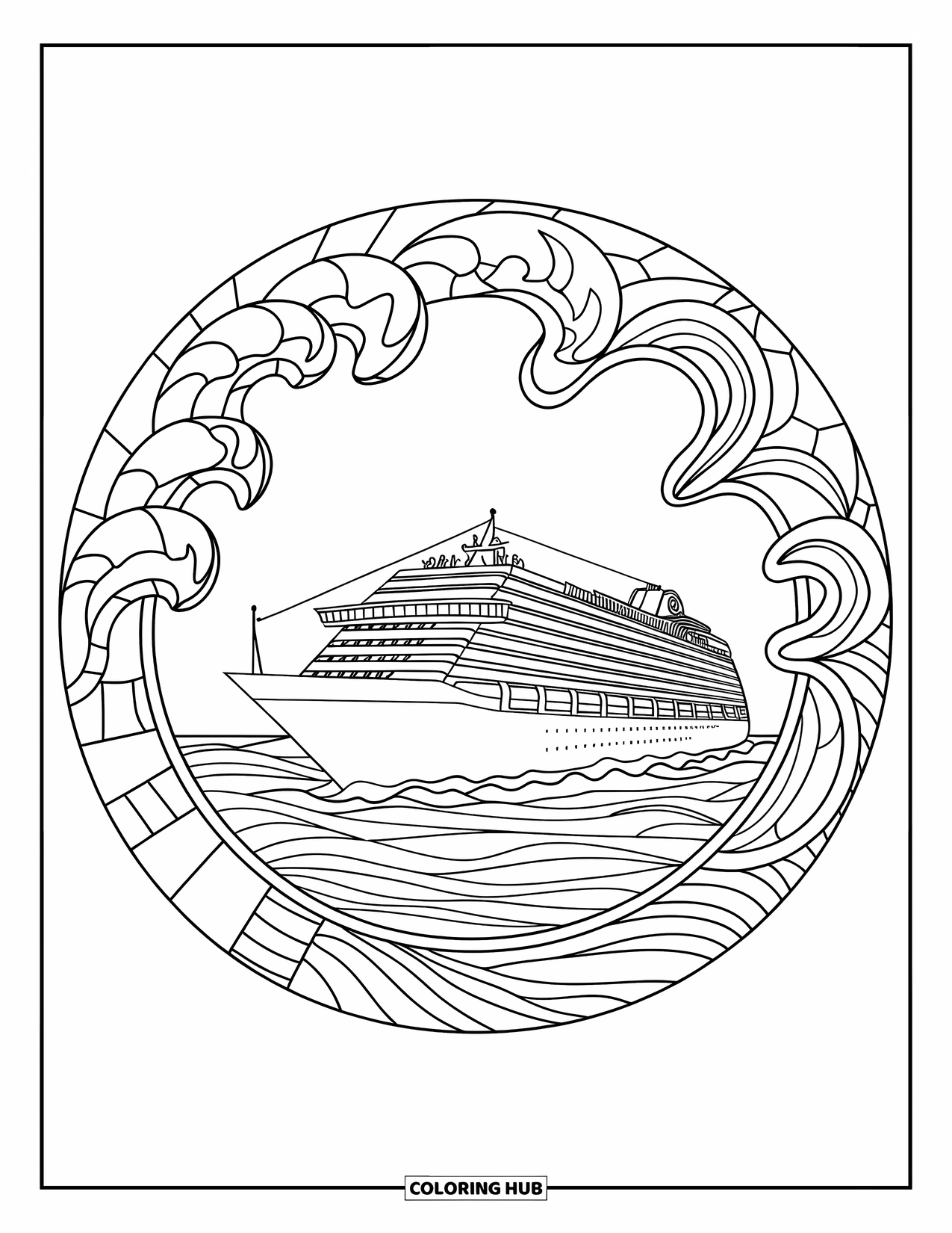 Summer Vacation Coloring Page for Adults: A cruise ship sails inside a circular stained glass wave frame