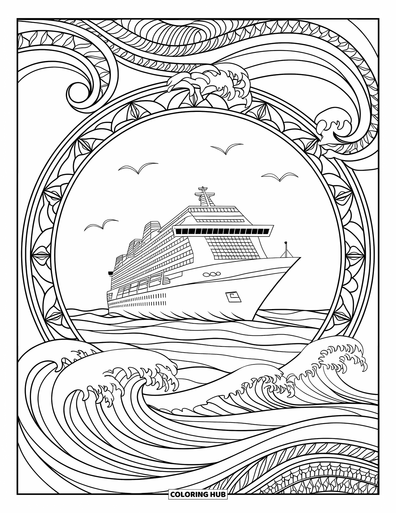 Summer Vacation Coloring Page for Adults: A detailed cruise ship floats within a patterned wave circle