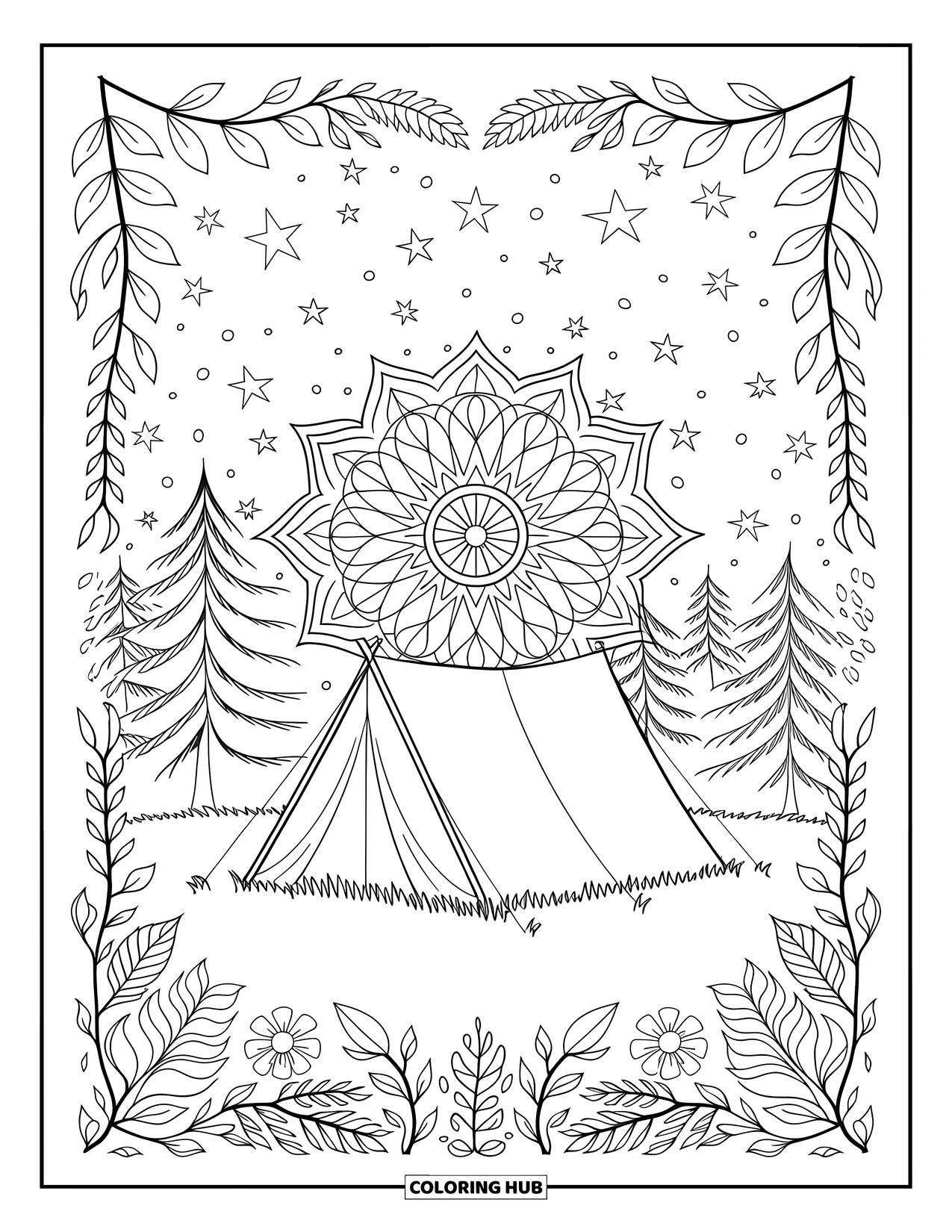 Summer Vacation Coloring Page for Adults: A forest tent beneath starry skies and a botanical border