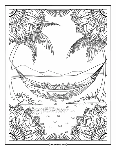 Coloriage de vacances d'été pour adultes : Un hamac entre des palmiers entouré de feuilles à motifs et de montagnes