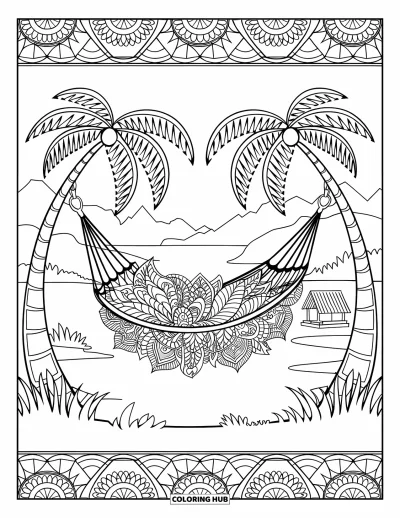 Coloriage de vacances d'été pour adultes : Un hamac suspendu entre des palmiers aux feuilles ornées de motifs en mandala