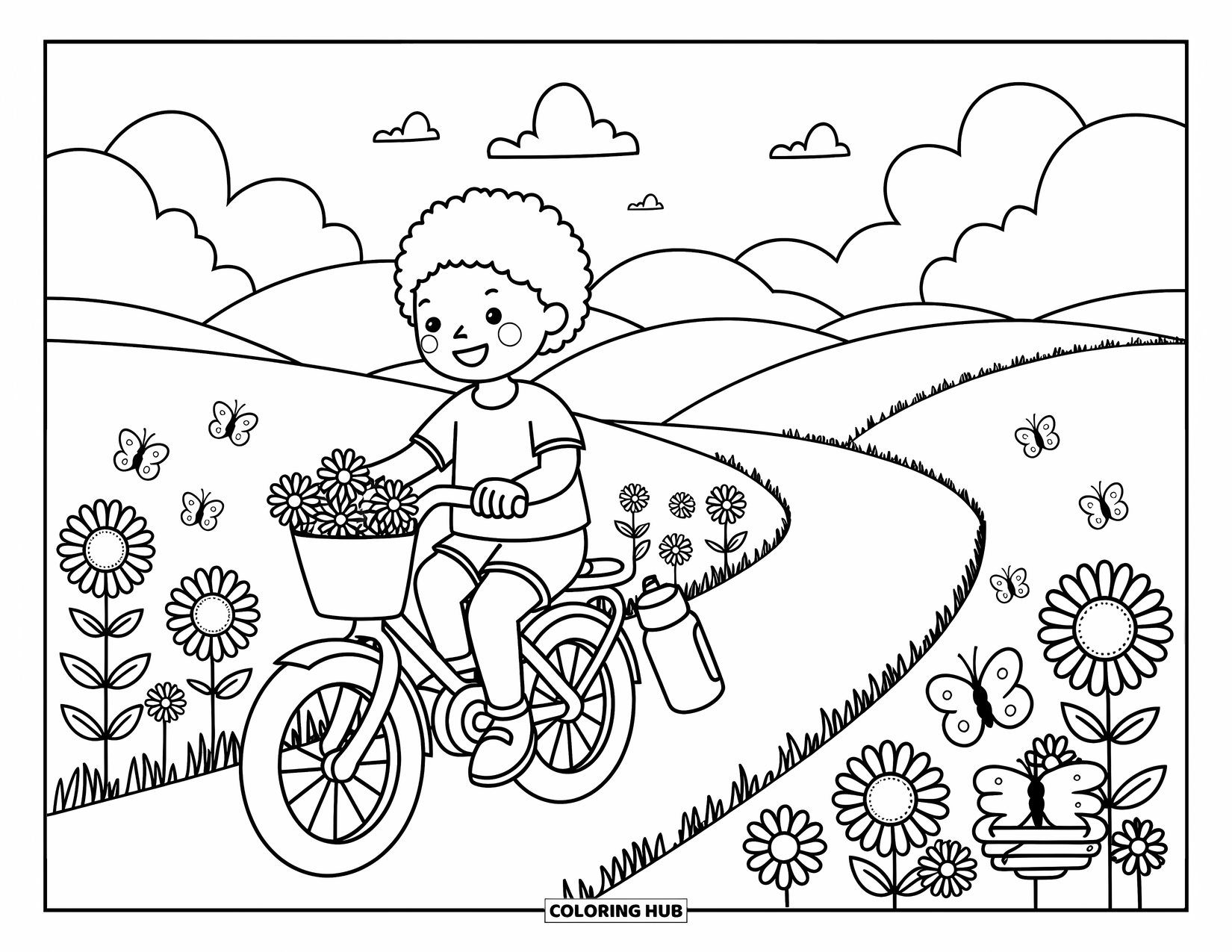 Summer Vacation Coloring Page for Adults: A joyful child rides a bike through fields of sunflowers and fluttering butterflies
