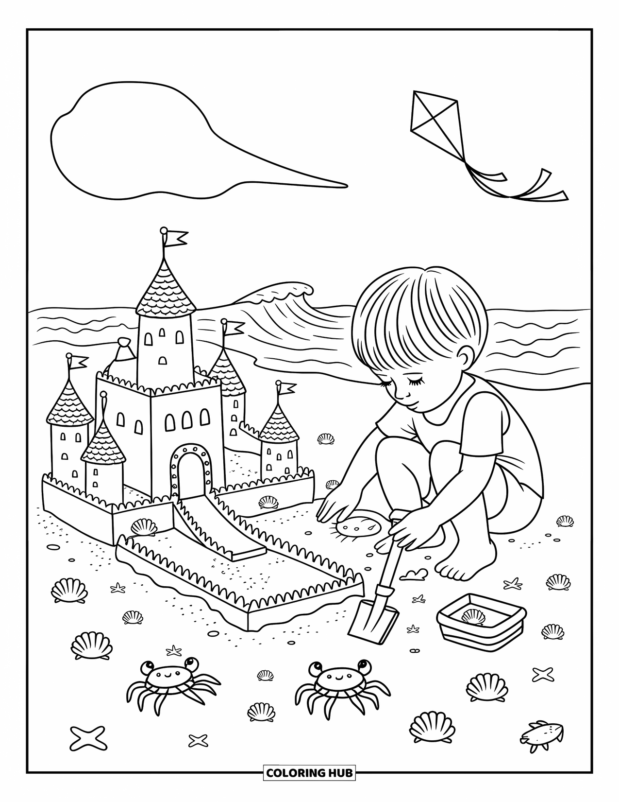 Summer Vacation Coloring Page for Adults: A kid kneels beside a detailed sandcastle as waves roll gently in