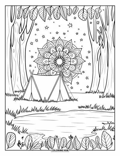 Coloriage de vacances d'été pour adultes : Une tente au bord d'un lac sous un ciel en mandala encadrée de fleurs et d'arbres