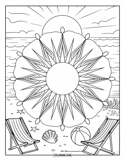 Coloriage de vacances d'été pour adultes : Un soleil en mandala brille au-dessus de coquillages, de chaises longues et de douces vagues