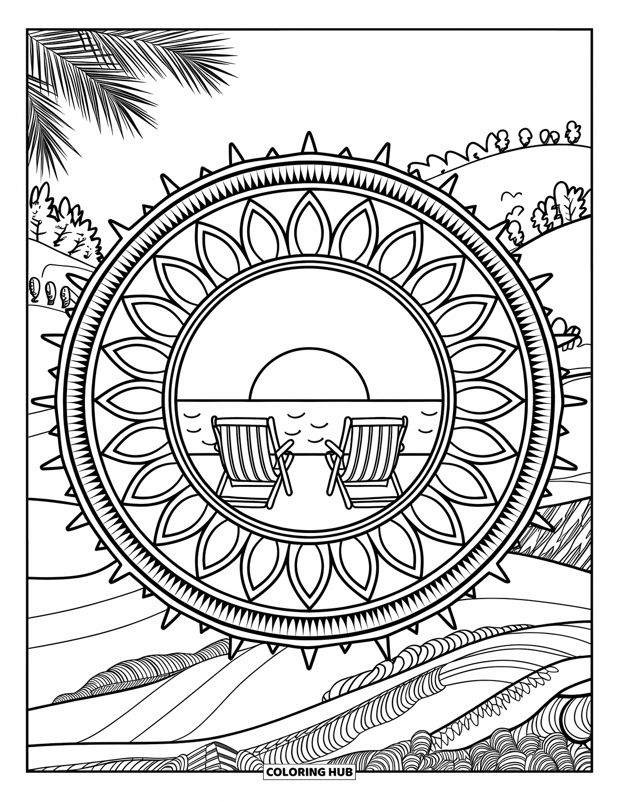 Summer Vacation Coloring Page for Adults: A mandala sun radiates over chairs and a peaceful horizon