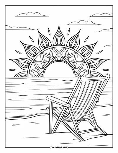 Coloriage de vacances d'été pour adultes : Un soleil en mandala illumine une chaise longue face à des vagues tranquilles