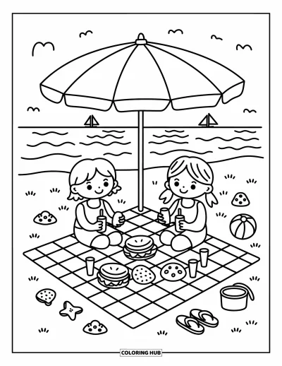 Coloriage de vacances d'été pour adultes : Un pique-nique au bord de la mer avec des en-cas, des coquillages et de légères vagues au loin