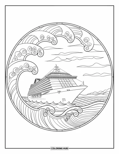 Coloriage de vacances d'été pour adultes : Un navire en mer encadré de vagues et de nuages en vitrail tourbillonnants