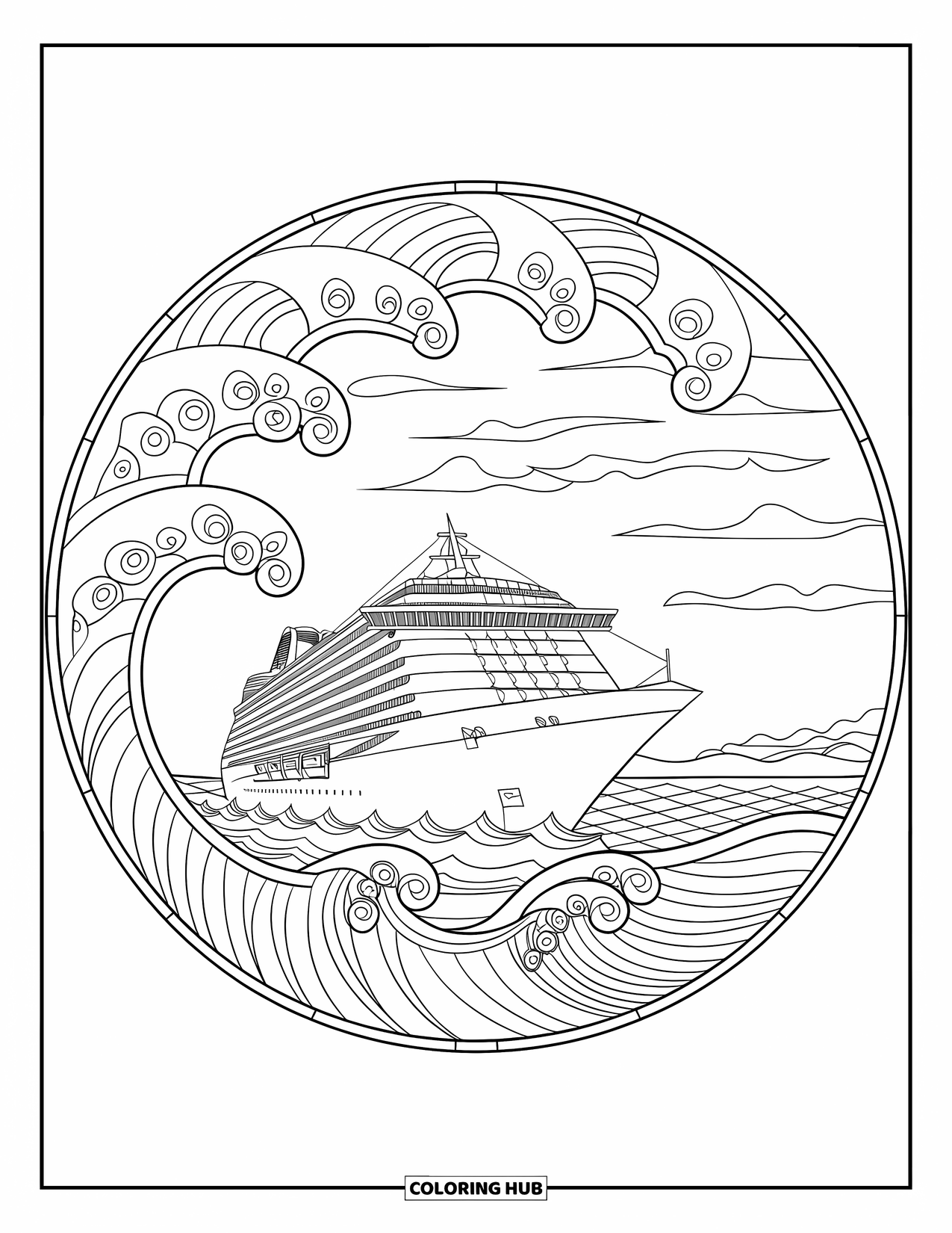 Summer Vacation Coloring Page for Adults: A ship at sea framed by swirling stained glass waves and clouds