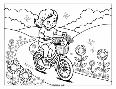 Coloriage de vacances d'été pour adultes : Un enfant souriant traverse des champs de fleurs avec des papillons qui tourbillonnent autour
