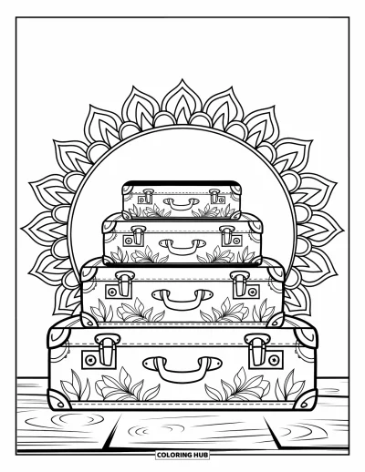 Coloriage de vacances d'été pour adultes : Une pile de valises fleuries encadrée d'une bordure de mandala de voyage