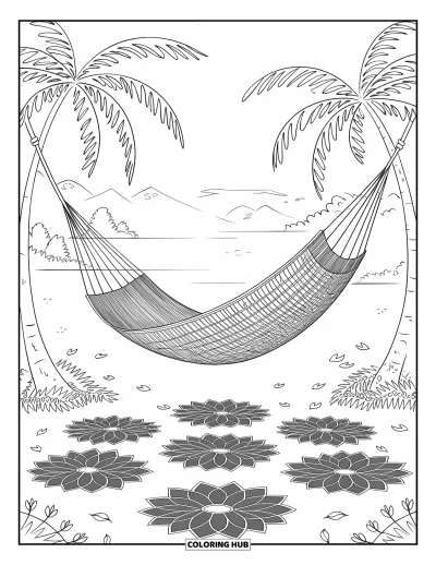 Coloriage de vacances d'été pour adultes : Un hamac se balance entre des palmiers entouré de pétales en mandala