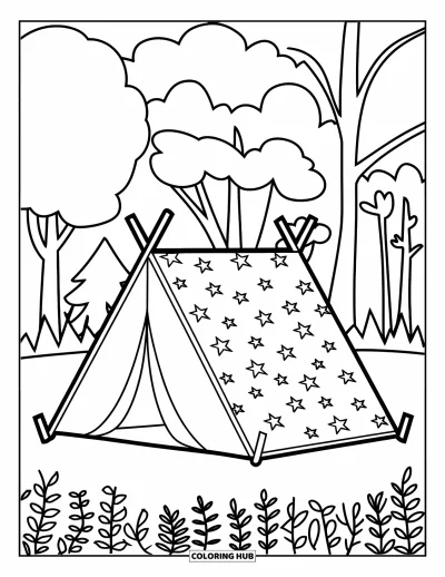 Coloriage de vacances d'été pour adultes : Une tente au tissu étoilé repose parmi de grands arbres et des feuilles