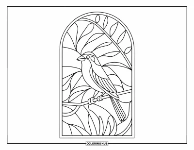 Coloriage de vacances d'été pour adultes : Un oiseau tropical perché dans une arche de feuilles façon vitrail