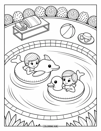 Coloriage de vacances d'été pour adultes : Des enfants se prélassent sur des animaux gonflables entourés de plantes et de soleil
