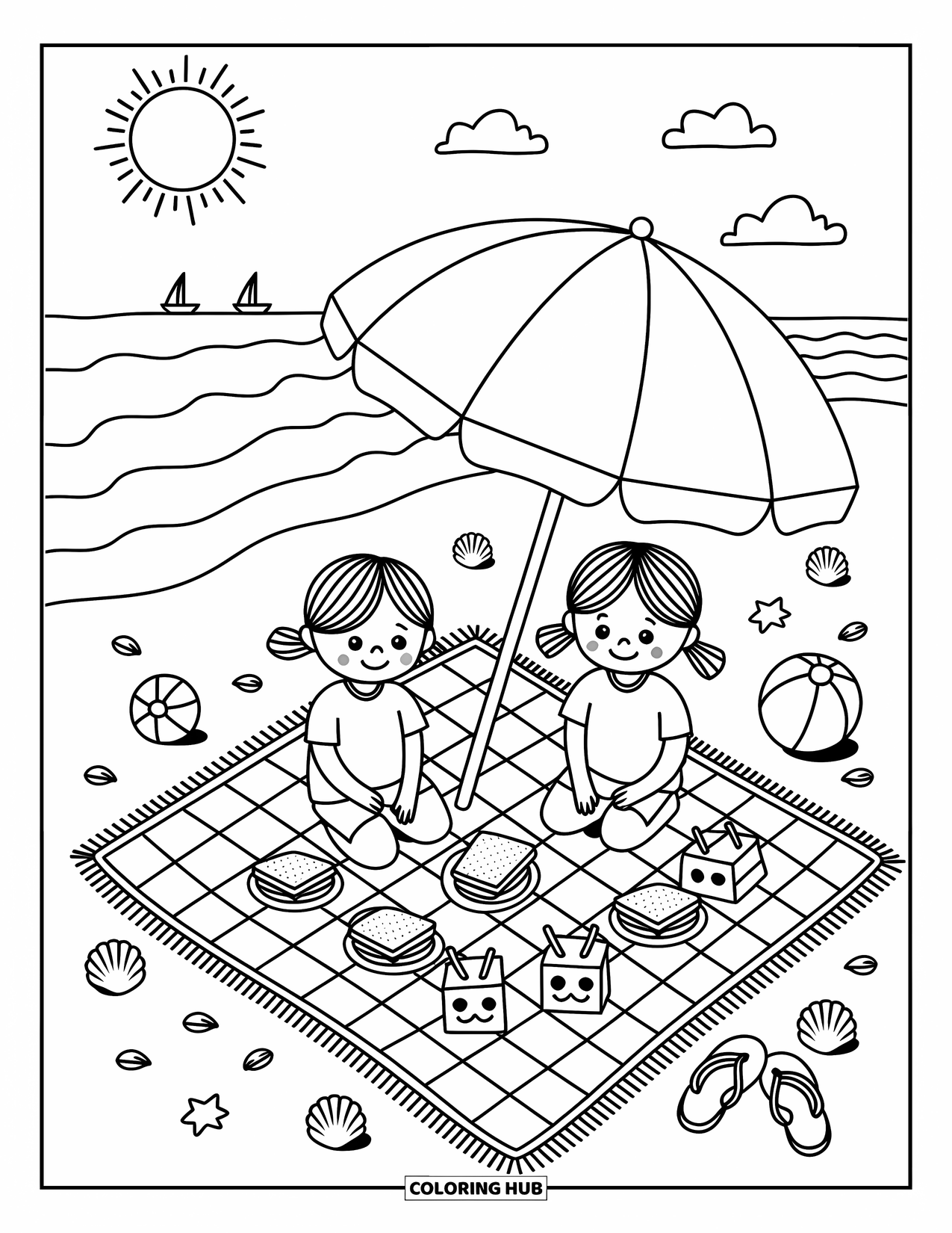 Summer Vacation Coloring Page for Adults: Children share sandwiches and juice by the sea under a bright umbrella