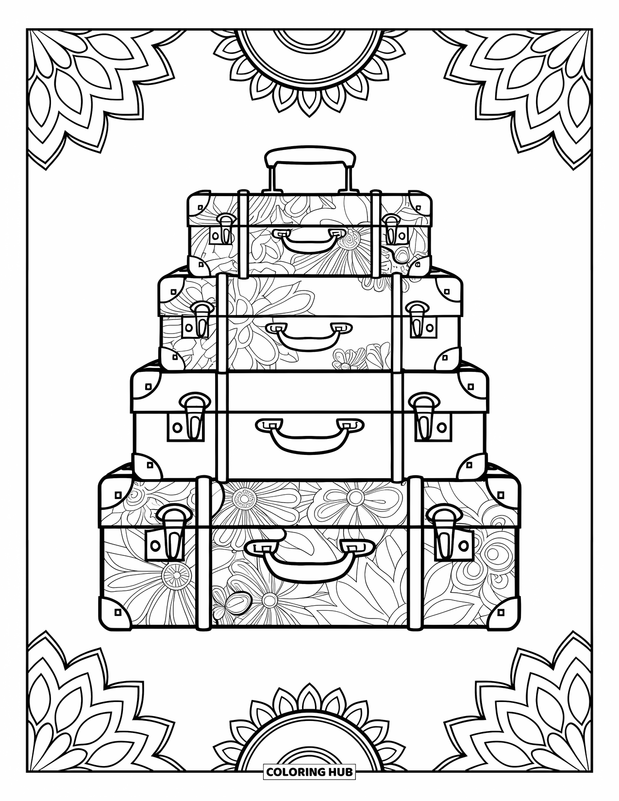 Summer Vacation Coloring Page for Adults: Elegant suitcases with mandala borders create a charming travel scene