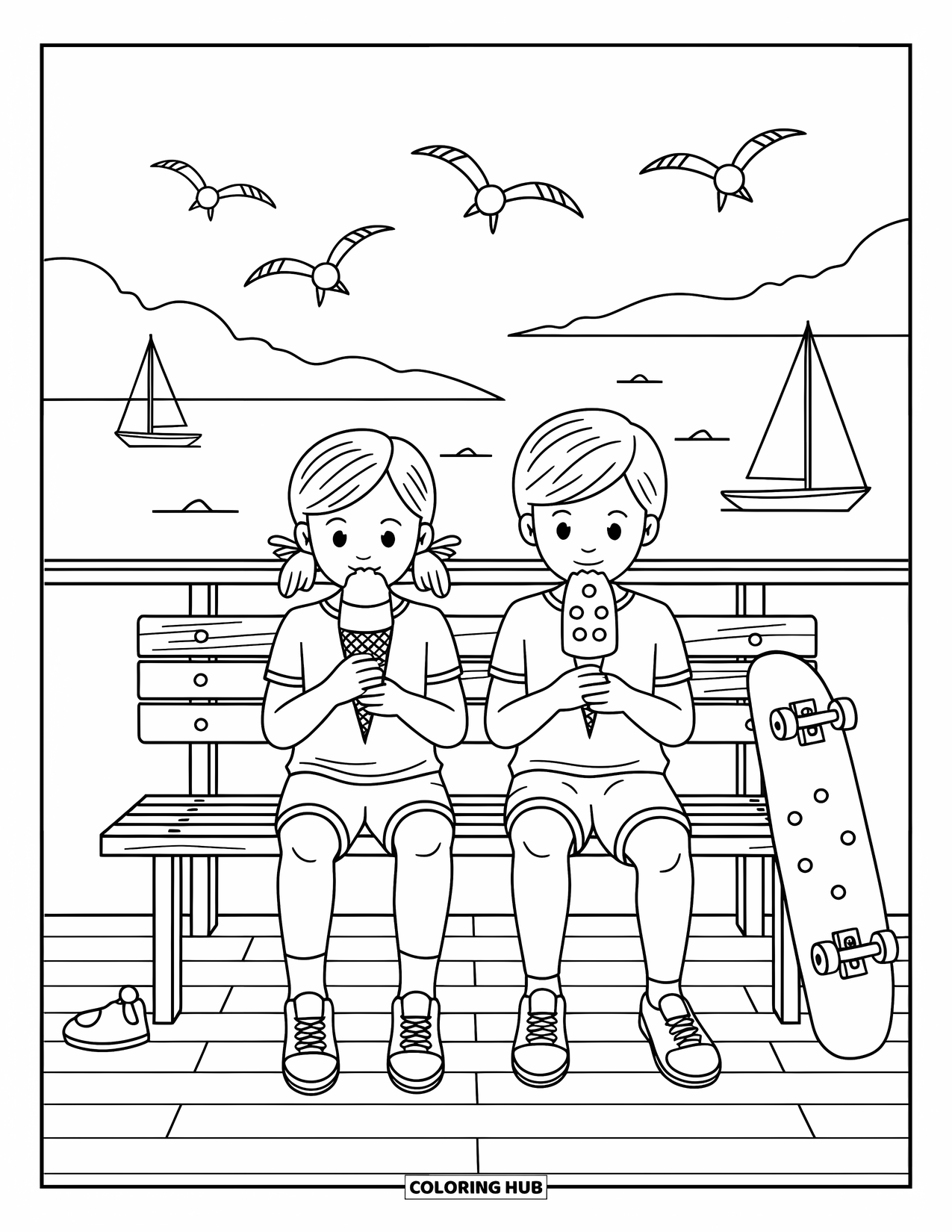 Summer Vacation Coloring Page for Adults: Friends enjoy ice cream and popsicles while seagulls fly over the sea