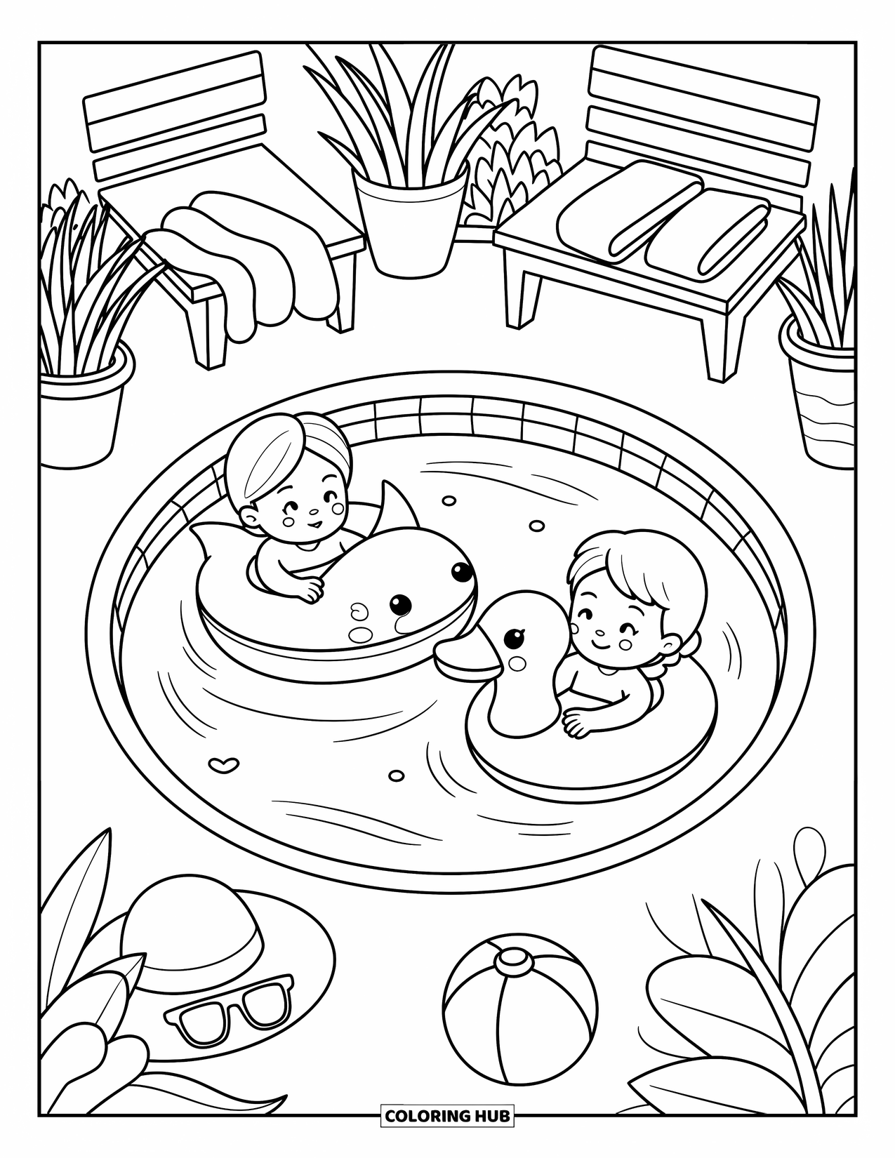 Summer Vacation Coloring Page for Adults: Kids drift on pool floats with sunglasses, plants, and a beach ball nearby