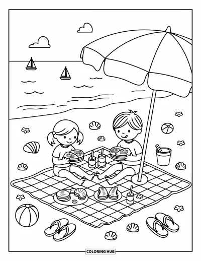 Coloriage de vacances d'été pour adultes : Deux enfants partagent un pique-nique avec des sandwichs et des fruits sous un parasol de plage