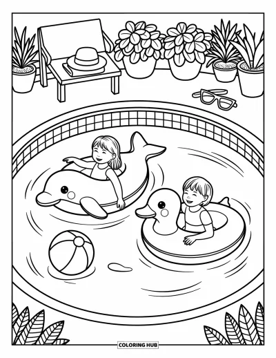 Coloriage de vacances d'été pour adultes : Deux enfants flottent sur des bouées dauphin et canard dans une piscine ensoleillée
