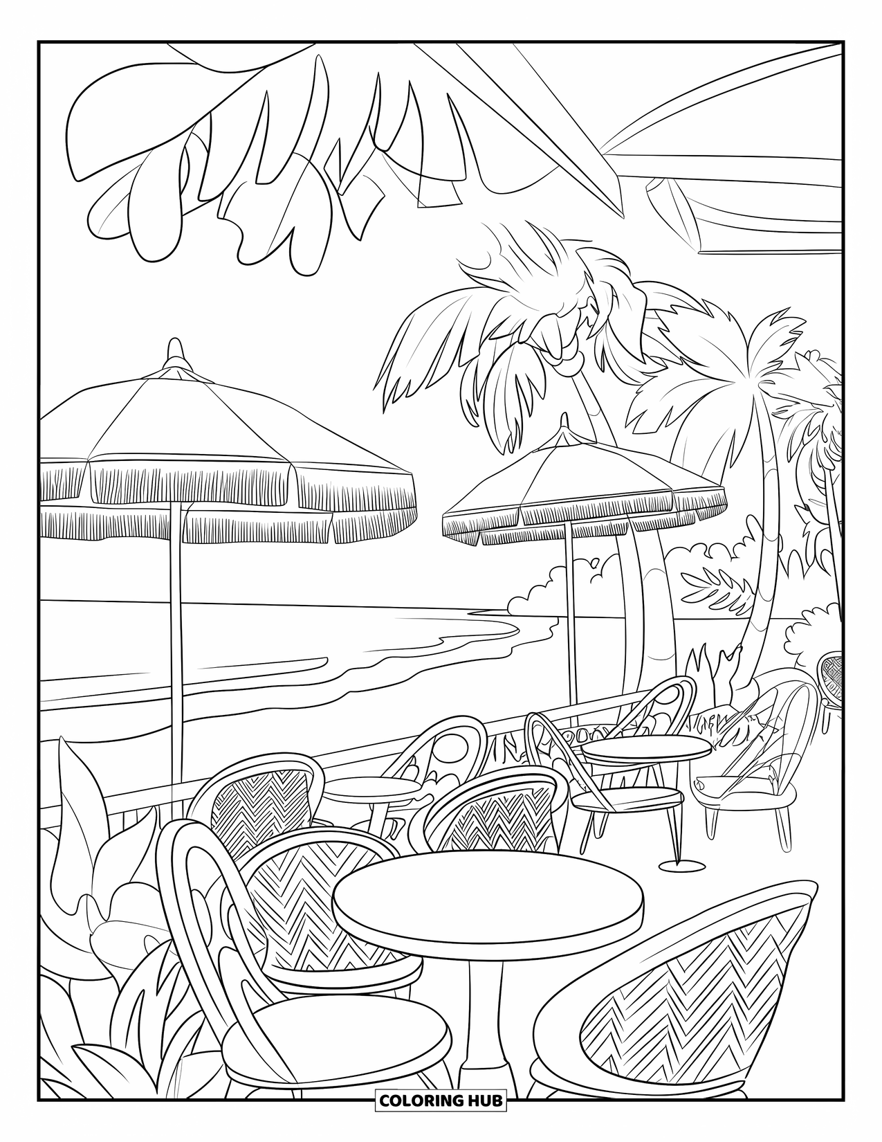 Summer Vacation Coloring Page for Kids: A beach café with tables under parasols beside calm ocean waters