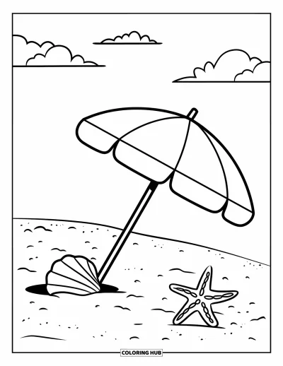 Coloriage de vacances d'été pour enfants : Un parasol de plage entouré de coquillages et d'étoiles de mer sur du sable lisse