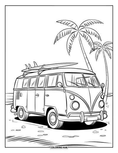 Coloriage de vacances d'été pour enfants : Un van de plage avec des planches de surf et des palmiers sous un soleil brillant