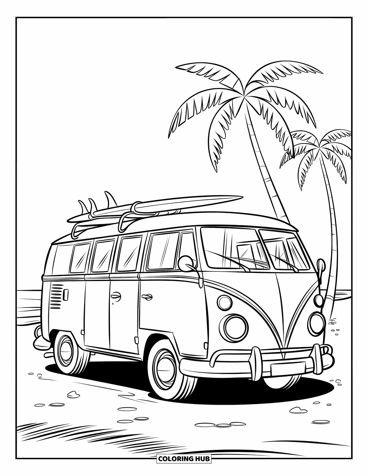 Summer Vacation Coloring Page for Kids: A beach van with surfboards and palms under a sunny sky