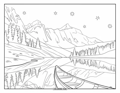 Coloriage de vacances d'été pour enfants : Un lac de montagne paisible avec un canoë et des reflets étoilés