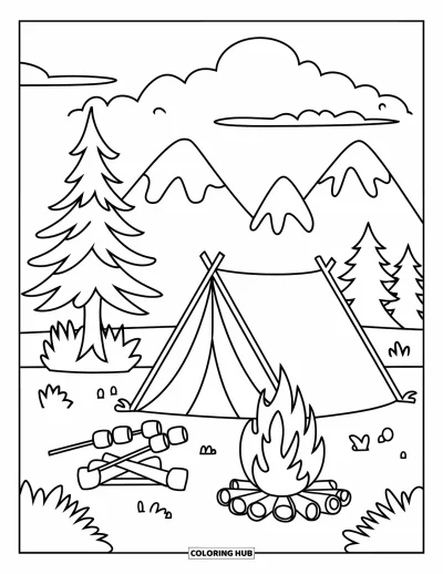 Coloriage de vacances d'été pour enfants : Une tente de camping près d'un pin et d'un feu de camp lumineux