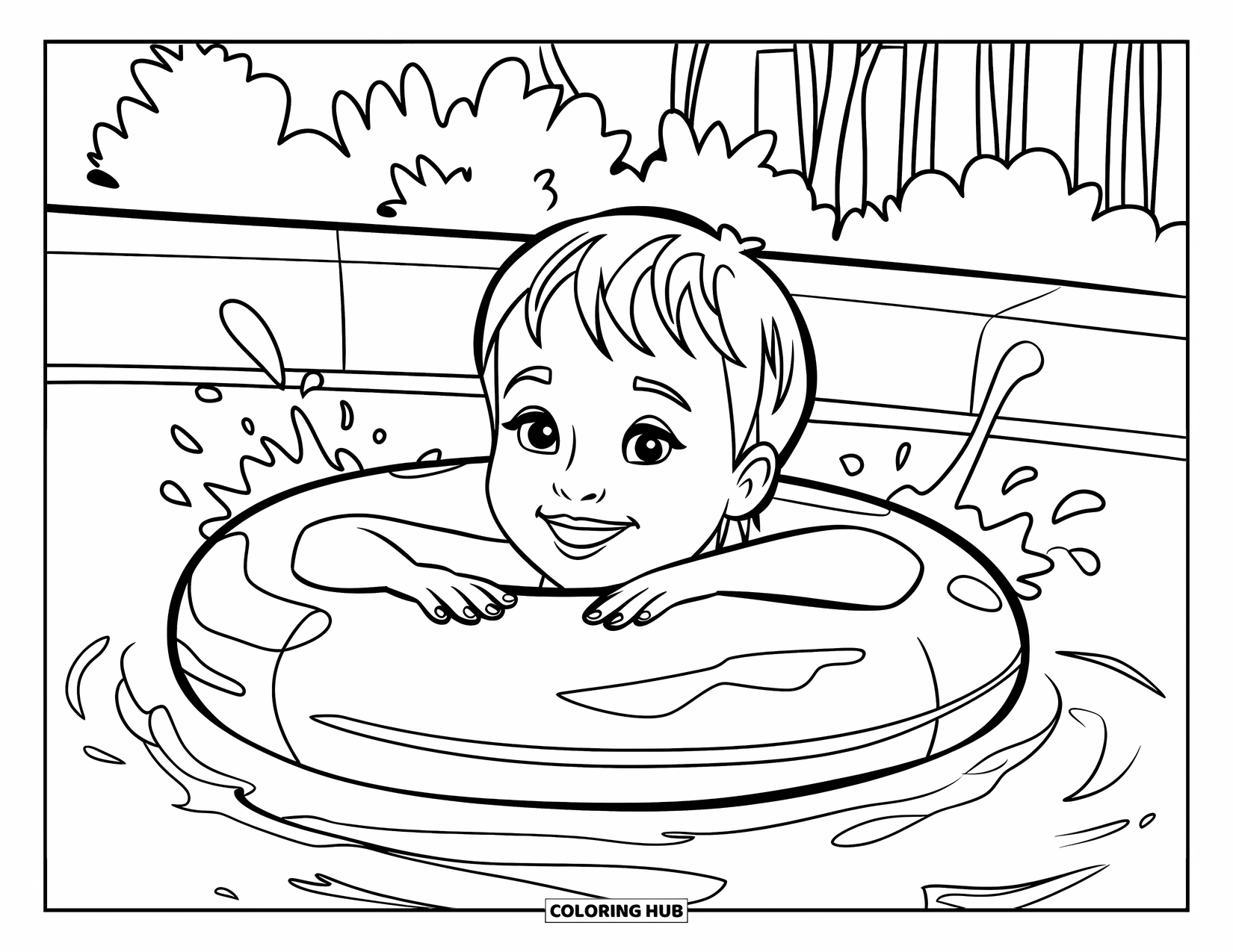 Summer Vacation Coloring Page for Kids: A cheerful child floats on a ring with splashes and sunshine
